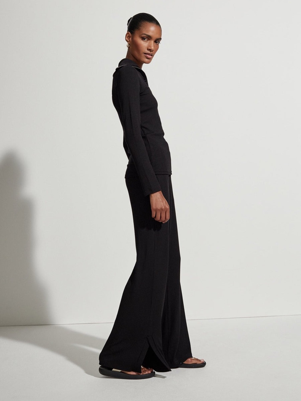 Varley Raya Black Ribbed Wide-Leg Pants split hem SOLD OUT